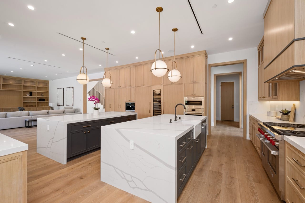 Contemporary kitchen interior with island and wood